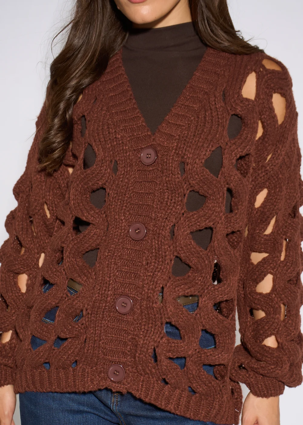 Gini London Rust Hollow Chunky Knit Cardigan - L/XL Image 3