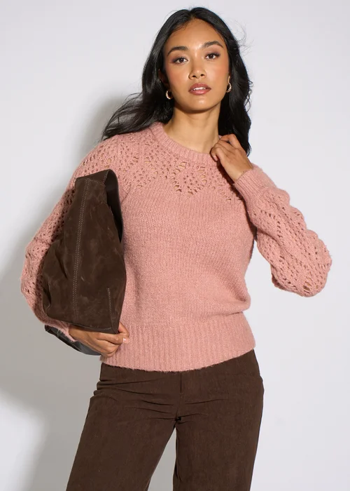 Gini London Pink Crochet Yoke Long Sleeve Jumper - S/M Image 1