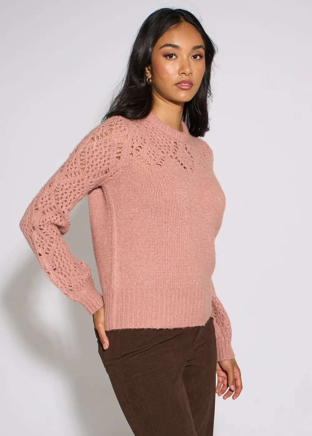 Gini London Pink Crochet Yoke Long Sleeve Jumper - S/M Image 4