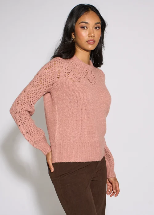 Gini London Pink Crochet Yoke Long Sleeve Jumper - S/M Image 4