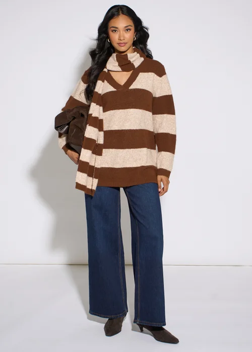 Gini London Brown Stripe V Neck Scarf Jumper - M/L Image 1