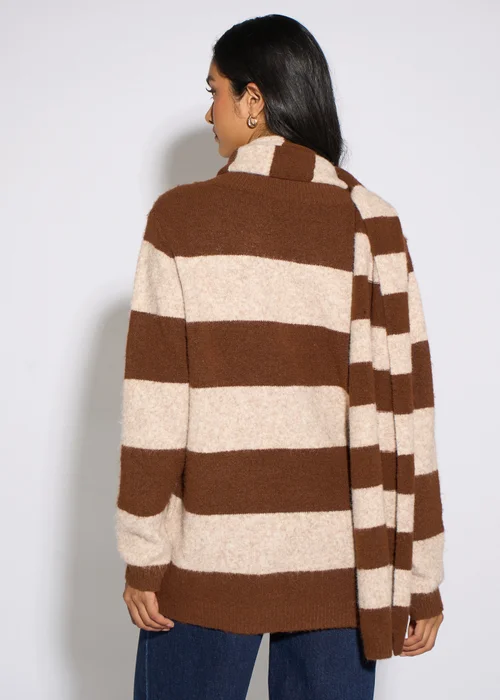 Gini London Brown Stripe V Neck Scarf Jumper - M/L Image 2