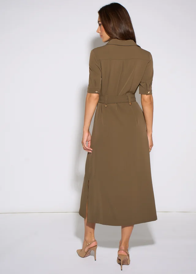 Gini London Taupe Gold Hardware Detail Utility Shirt Dress