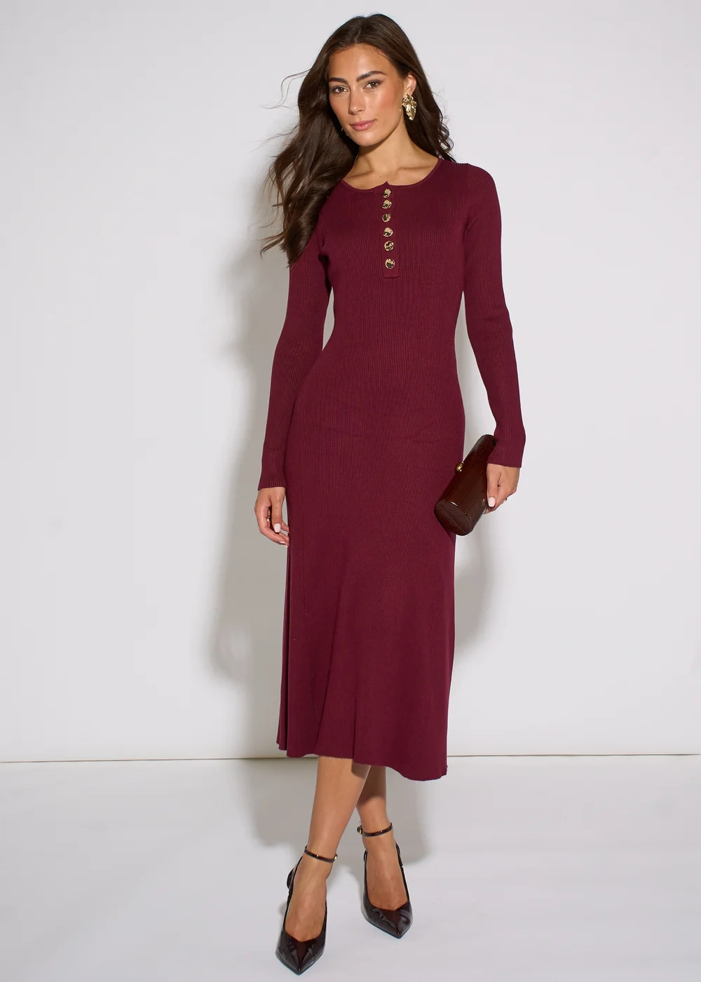 Gini London Mulberry LS Gold Button Midi Dress - L/XL Image 1