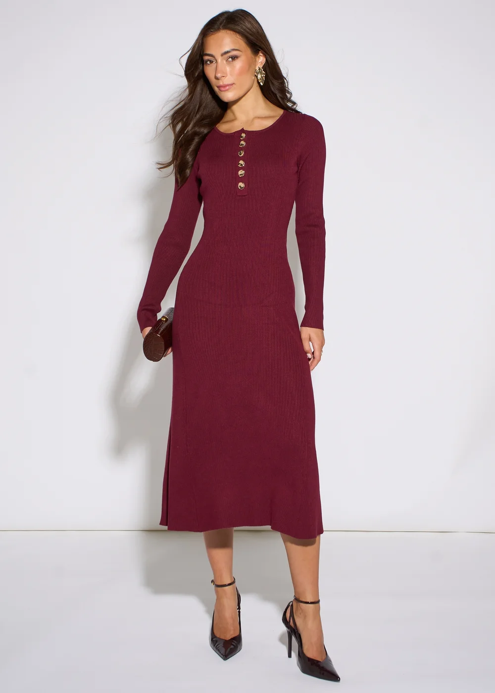 Gini London Mulberry LS Gold Button Midi Dress - L/XL Image 4