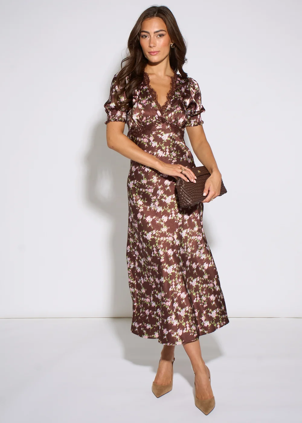 Gini London Brown Satin Floral Lace Midi Dress - 10 Image 1