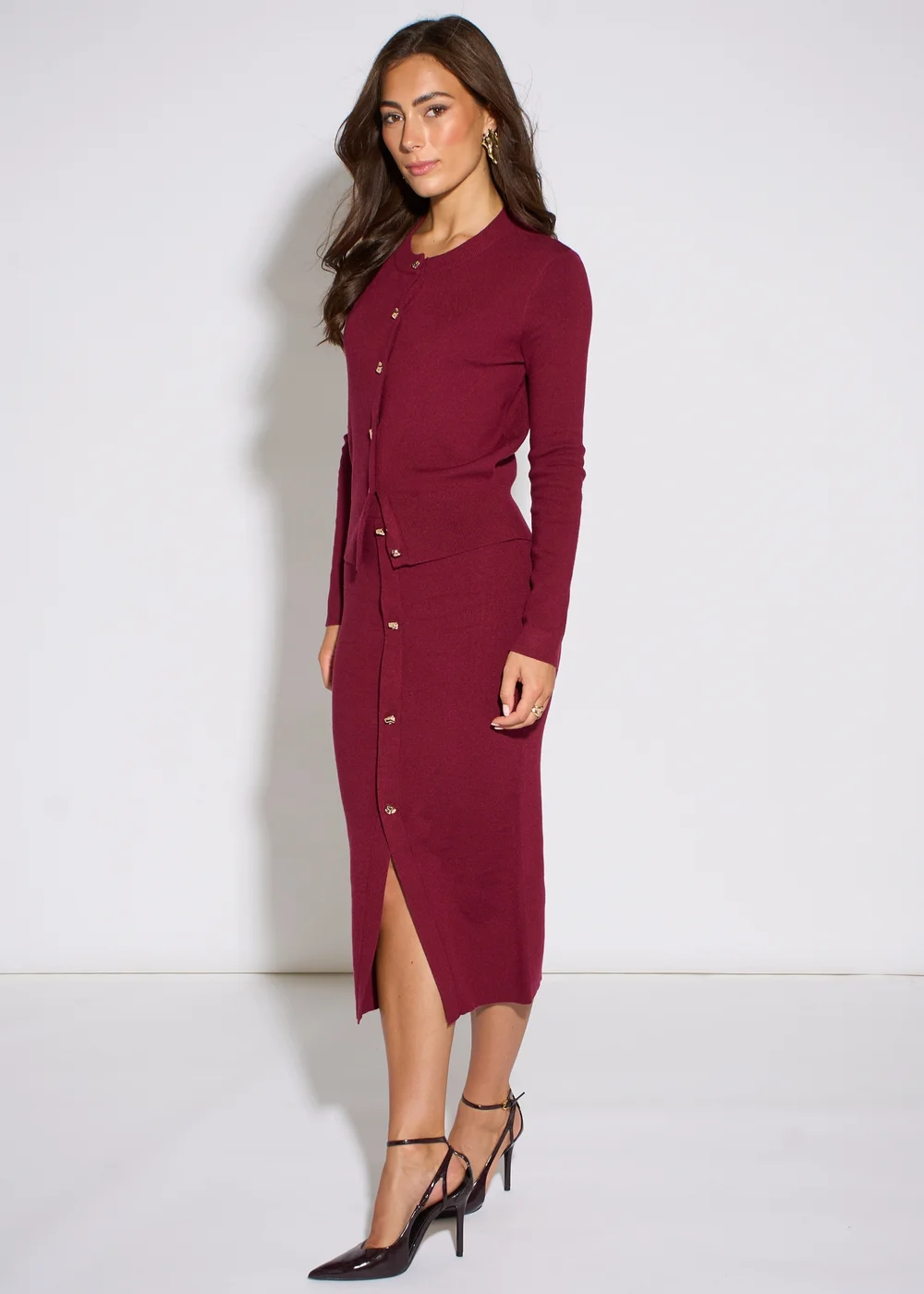Gini London Mulberry Gold Button Pencil Midi Skirt - 10 Image 5