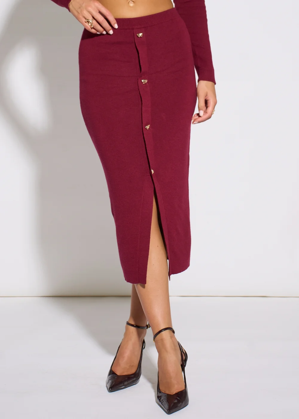 Gini London Mulberry Gold Button Pencil Midi Skirt - 10 Image 4