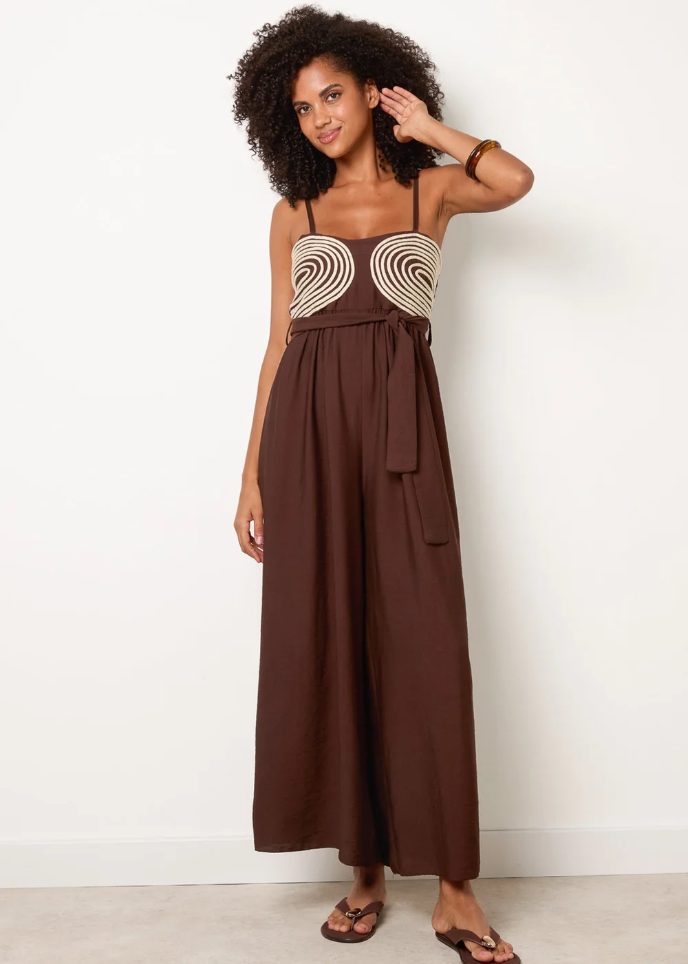 Blue Vanilla Brown Gold Detailed Embroidered Stitching Jumpsuit - M/L Image 1