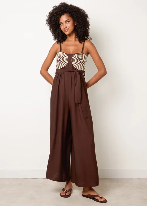 Blue Vanilla Brown Gold Detailed Embroidered Stitching Jumpsuit - M/L Image 3