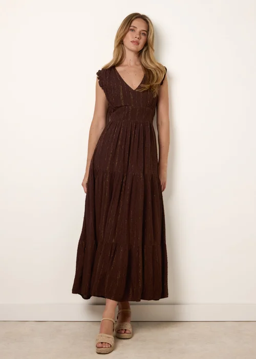 Blue Vanilla Brown V Neck Tiered Midi Dress - L Image 2