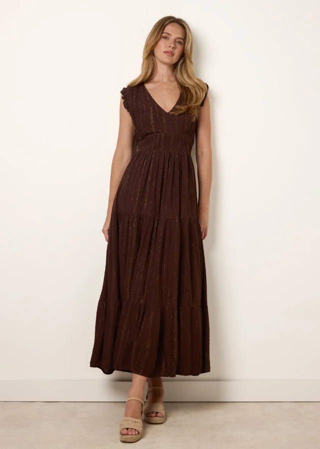 Blue Vanilla Brown V Neck Tiered Midi Dress