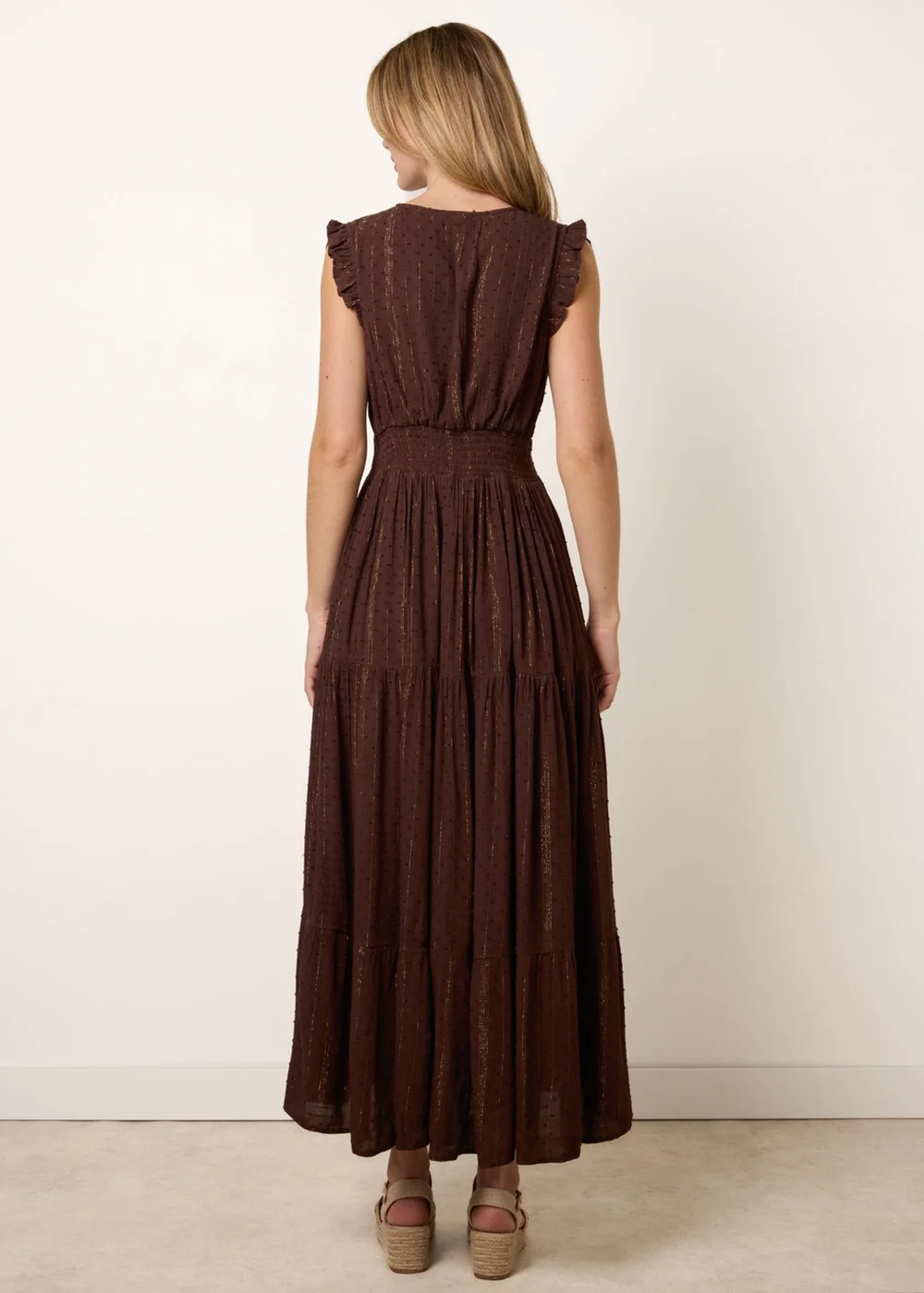 Blue Vanilla Brown V Neck Tiered Midi Dress - L Image 4