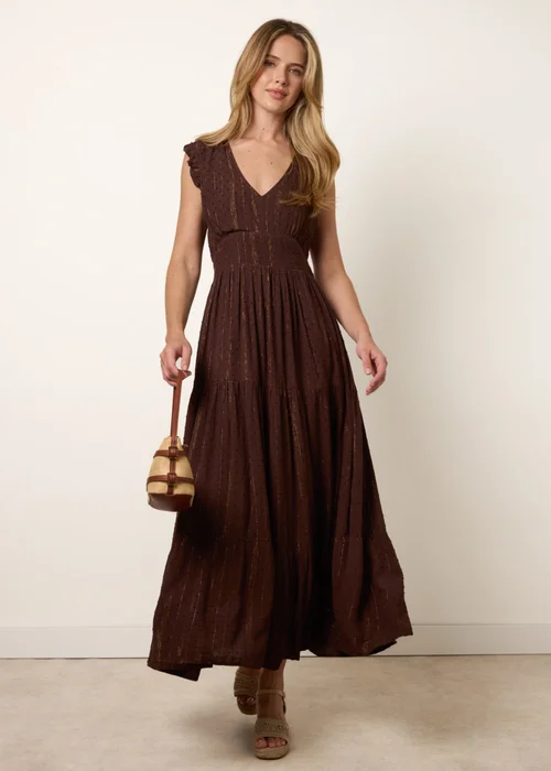 Blue Vanilla Brown V Neck Tiered Midi Dress - L Image 1