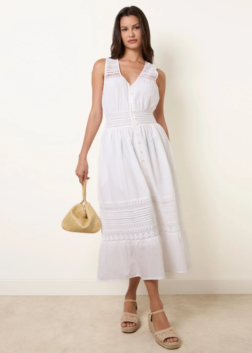 Blue Vanilla Ivory Crochet Insert Button Midi Dress - XL Image 1