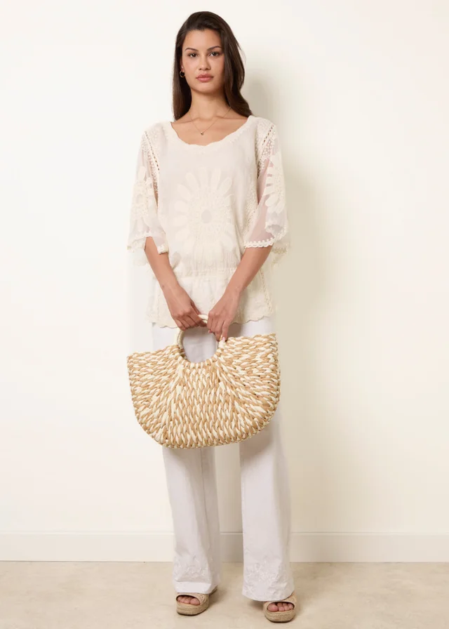 Blue Vanilla Stone Sun Flower Lace Sleeve Blouse