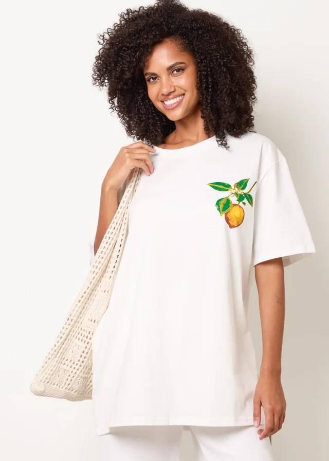 Blue Vanilla White Short Sleeve Back Lemon Print T-Shirt