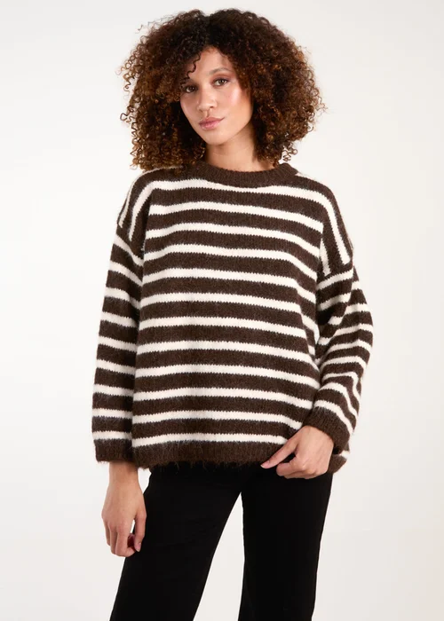 Blue Vanilla Brown Soft Knit Round Neck Stripe Jumper - One Size Image 1