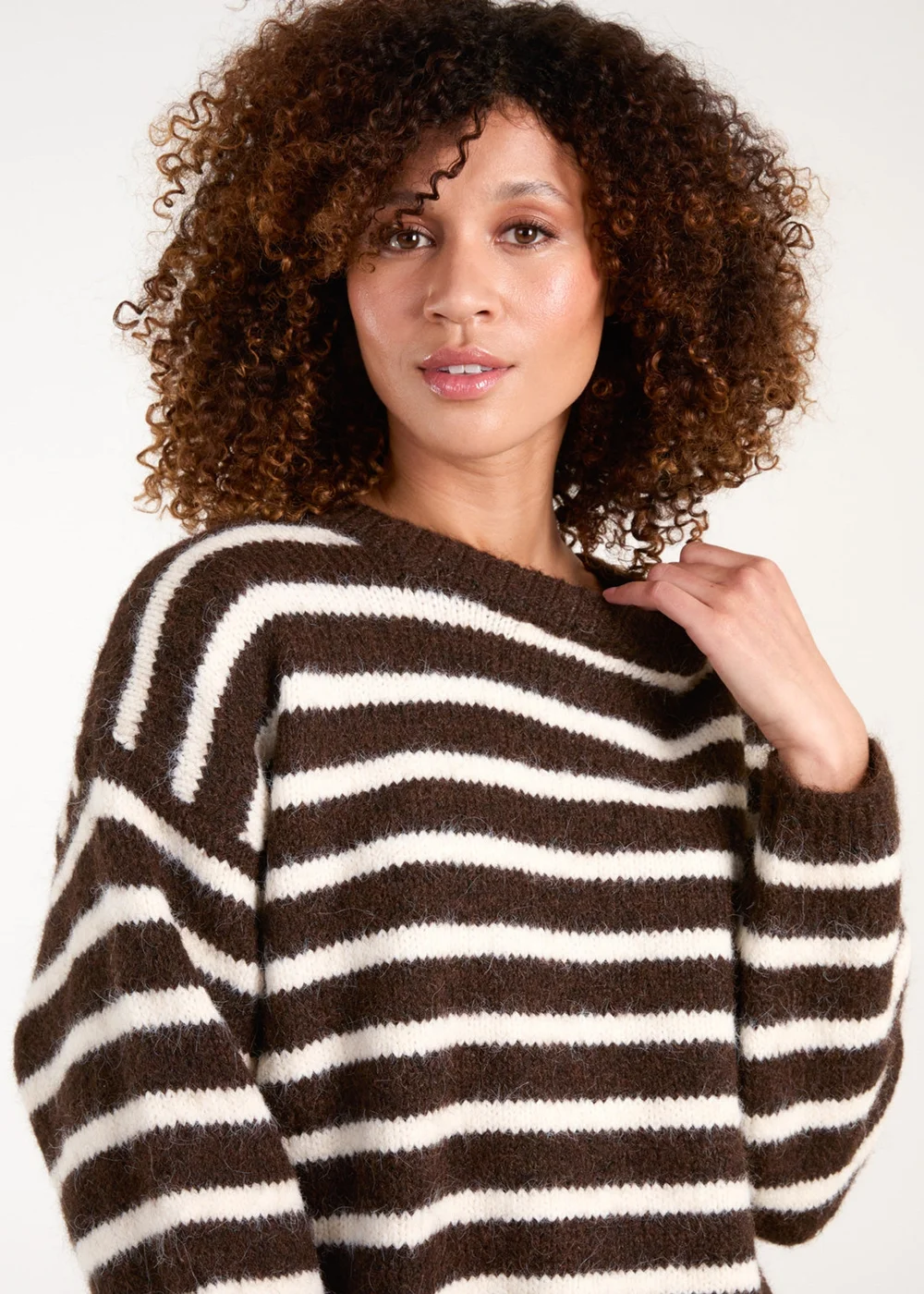 Blue Vanilla Brown Soft Knit Round Neck Stripe Jumper - One Size Image 4