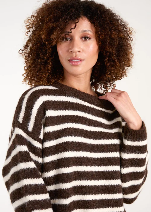 Blue Vanilla Brown Soft Knit Round Neck Stripe Jumper - One Size Image 4
