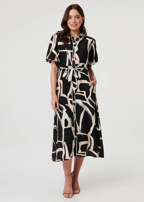 Izabel London Black Geo Print Puff Sleeve Tie Midi Dress - 18 Image 1