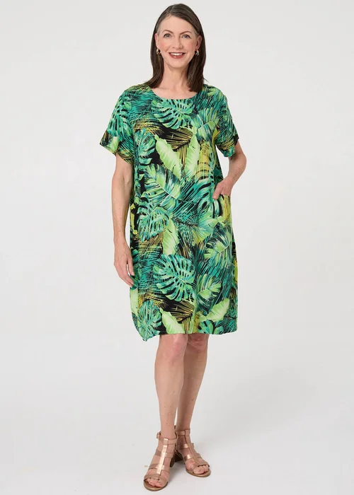 Izabel London Multi Green Tropical Print Shift Knee Length Dress - 12 Image 1