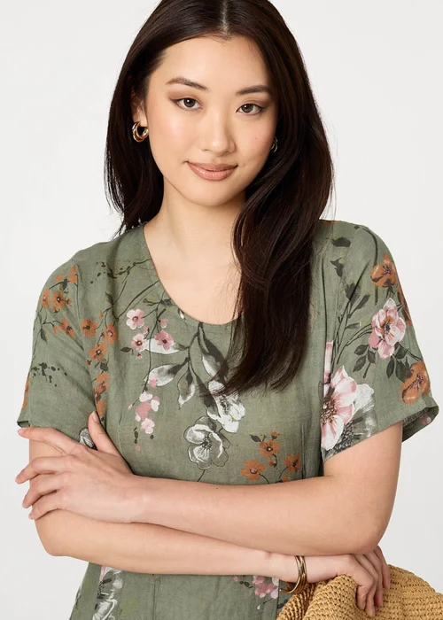 Izabel London Khaki Floral Short Sleeve Oversized Midi Dress - 8 Image 3