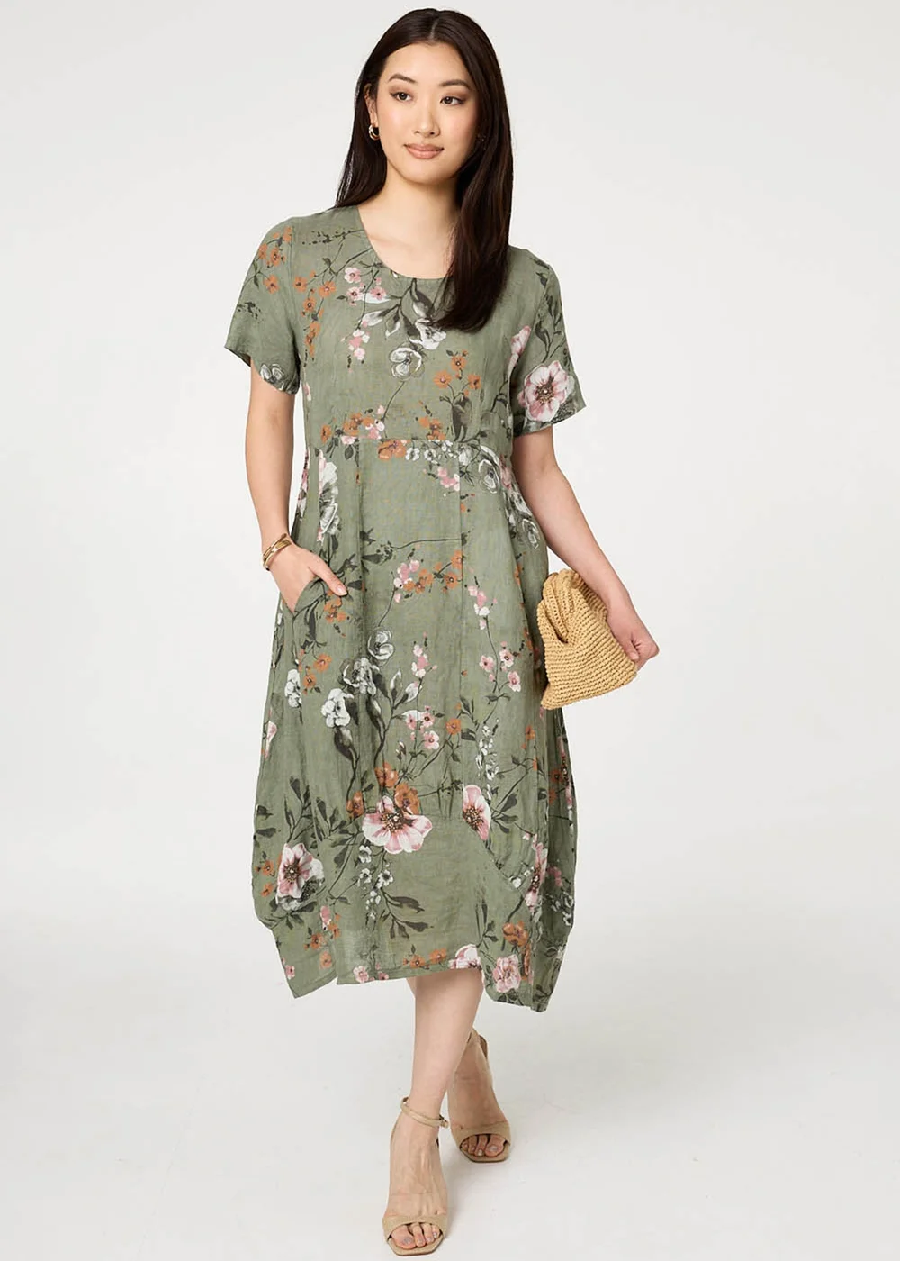 Izabel London Khaki Floral Short Sleeve Oversized Midi Dress - 8 Image 1