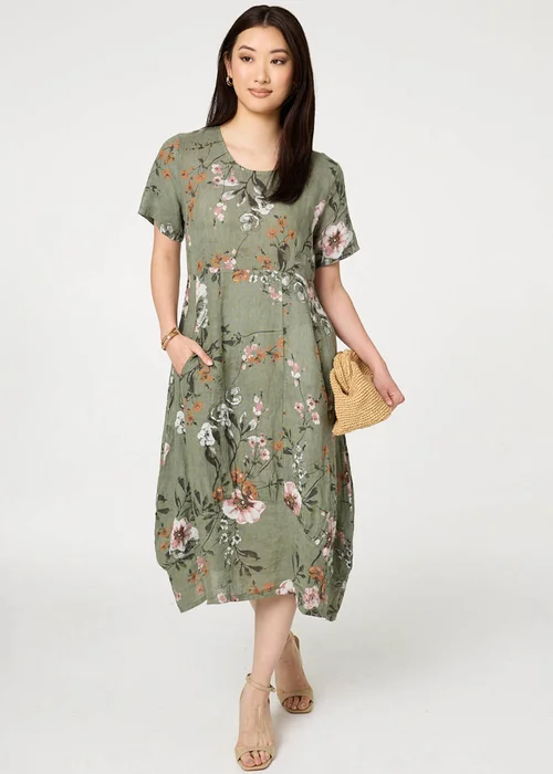 Izabel London Khaki Floral Short Sleeve Oversized Midi Dress - 8 Image 1