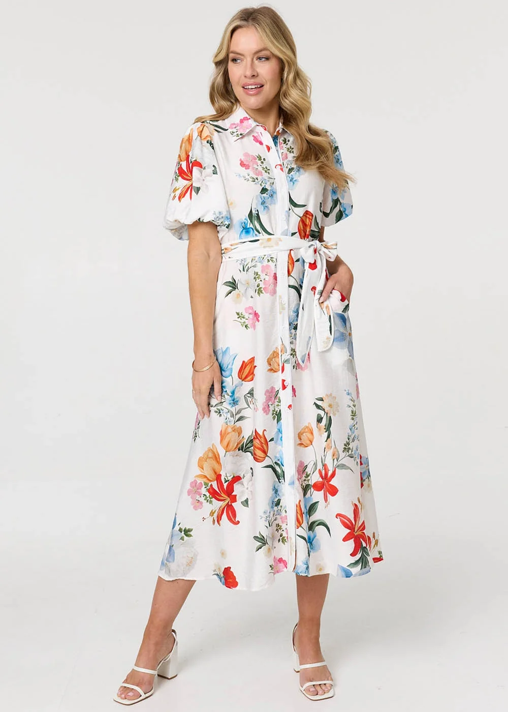 Izabel London White Floral 1/2 Puff Sleeve Midi Shirt Dress - 10 Image 1