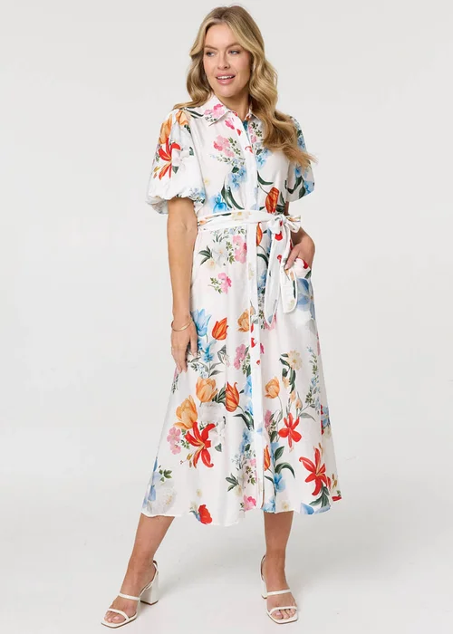 Izabel London White Floral 1/2 Puff Sleeve Midi Shirt Dress - 10 Image 1