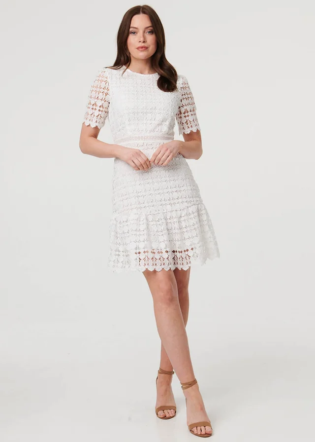 Izabel London White Semi Sheer Lace Layer Fitted Short Dress