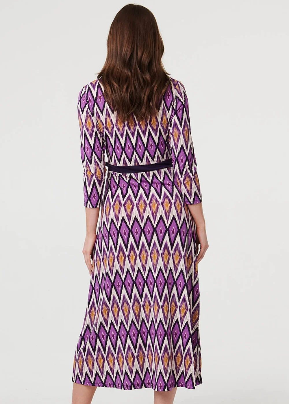 Izabel London Purple Geo Print 3/4 Sleeve Wrap Midi Dress - 16 Image 3