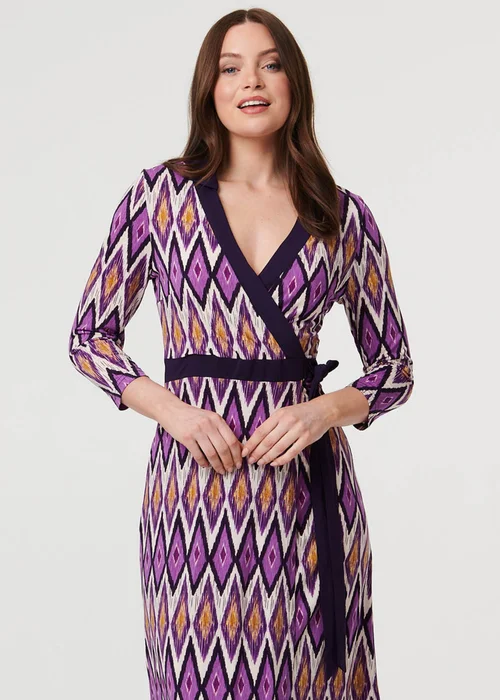 Izabel London Purple Geo Print 3/4 Sleeve Wrap Midi Dress - 16 Image 2