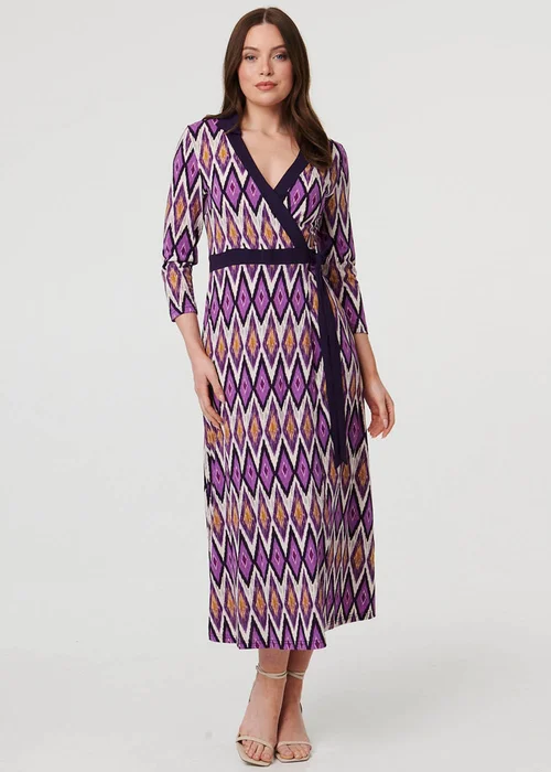 Izabel London Purple Geo Print 3/4 Sleeve Wrap Midi Dress - 16 Image 1