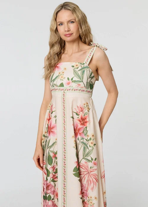 Izabel London Multi Beige Floral Border Print Tie Strap Midi Dress - 18 Image 3