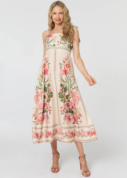Izabel London Multi Beige Floral Border Print Tie Strap Midi Dress - 18 Image 1