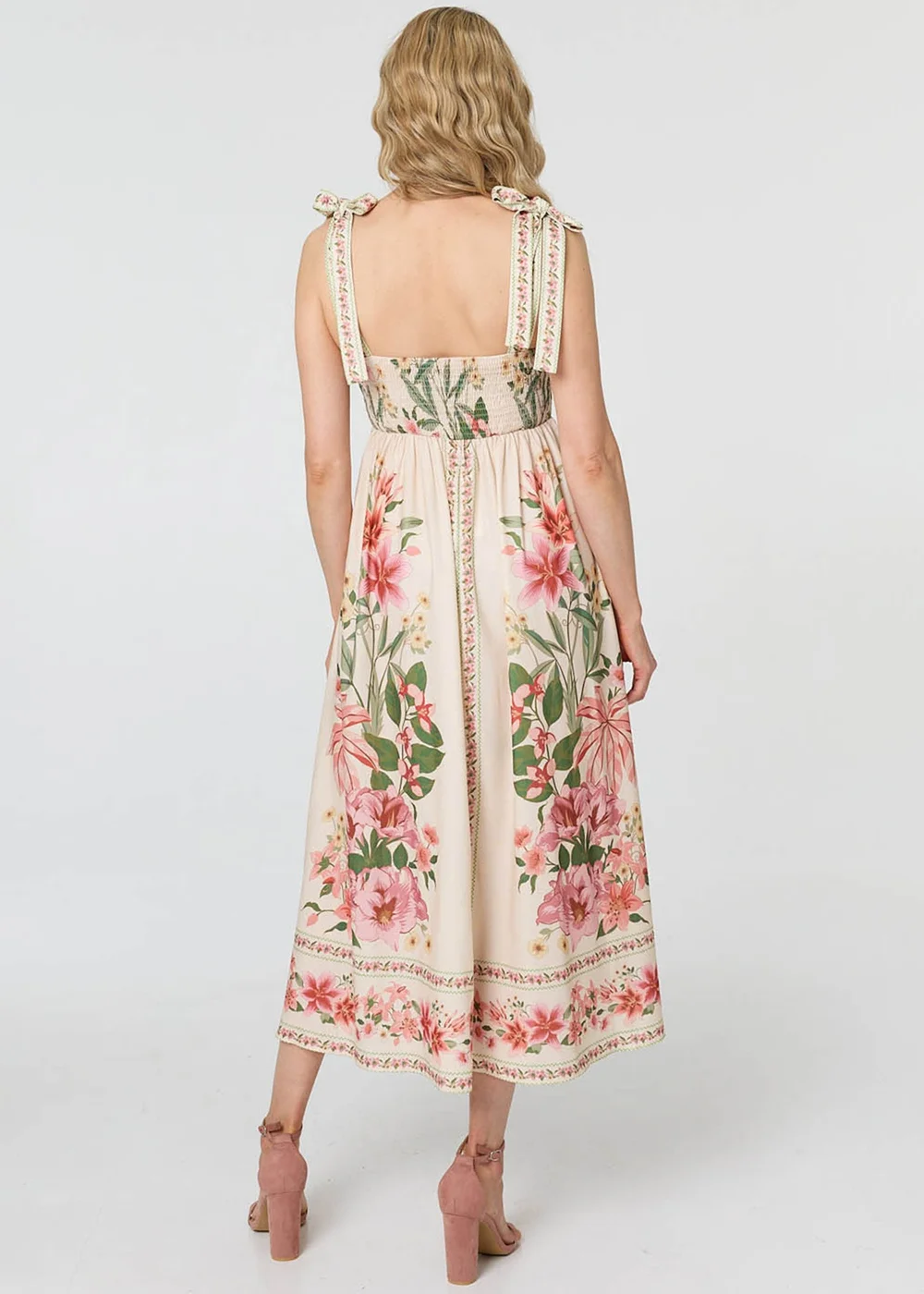 Izabel London Multi Beige Floral Border Print Tie Strap Midi Dress - 18 Image 2