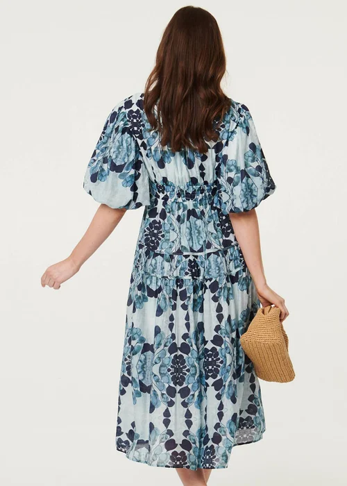 Izabel London Blue Floral 1/2 Puff Sleeve Tiered Midi Dress - 10 Image 3