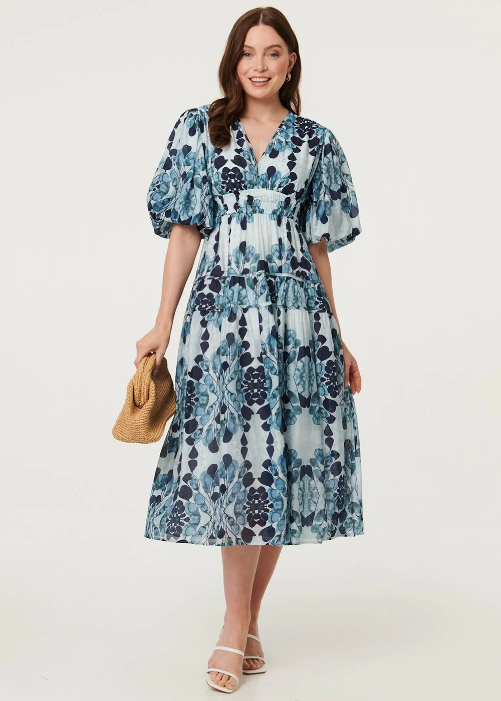 Izabel London Blue Floral 1/2 Puff Sleeve Tiered Midi Dress - 10 Image 1