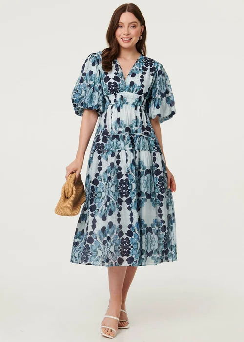 Izabel London Blue Floral 1/2 Puff Sleeve Tiered Midi Dress - 10 Image 1