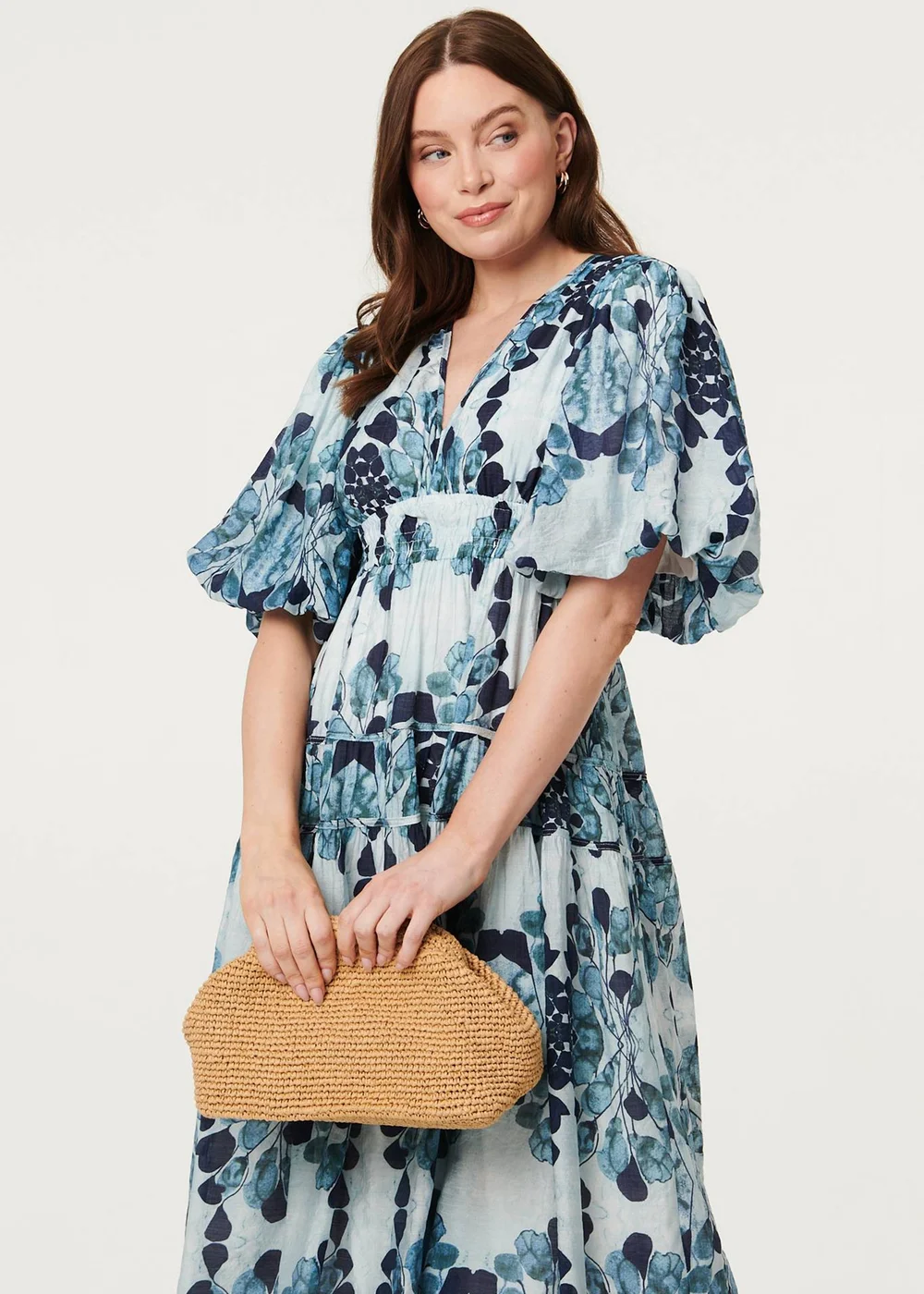 Izabel London Blue Floral 1/2 Puff Sleeve Tiered Midi Dress - 10 Image 2