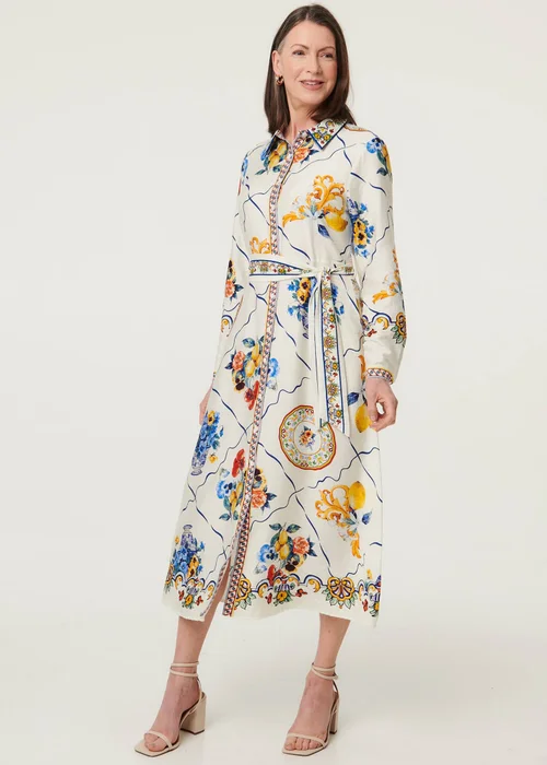 Izabel London Multi Beige Printed Long Sleeve Maxi Shirt Dress - 10 Image 1