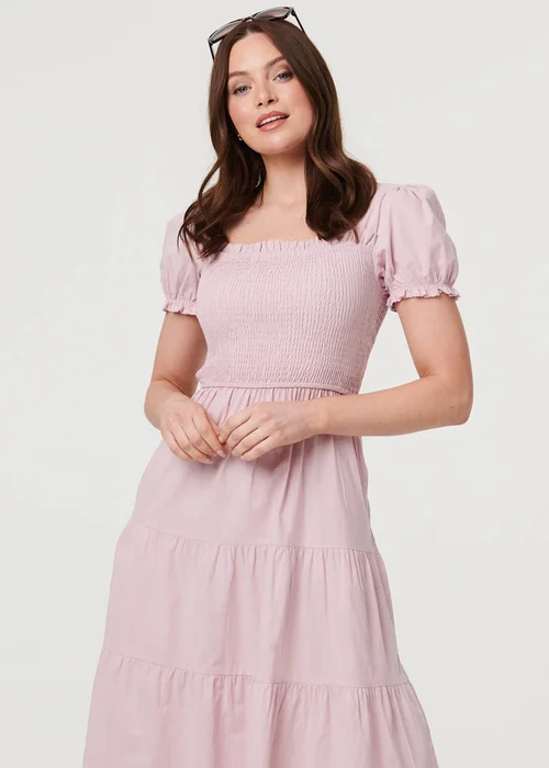 Izabel London Pink Tiered Shirred Puff Sleeve Midi Dress - 8 Image 2