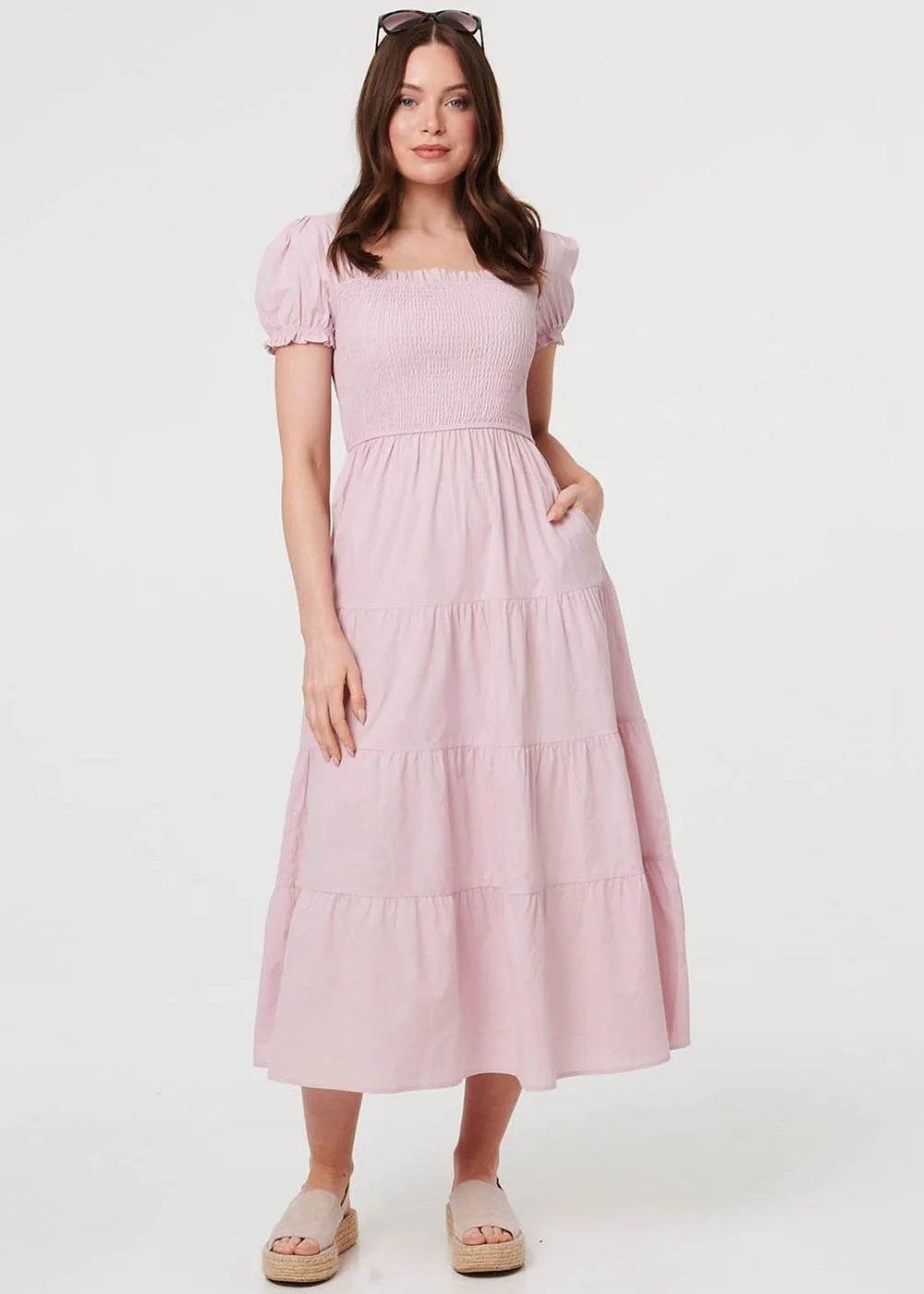 Izabel London Pink Tiered Shirred Puff Sleeve Midi Dress - 8 Image 1