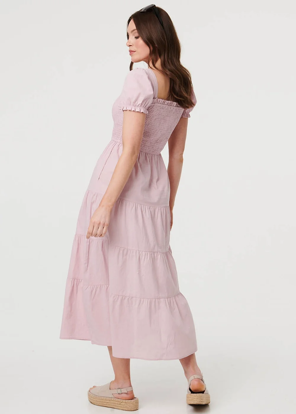Izabel London Pink Tiered Shirred Puff Sleeve Midi Dress - 8 Image 3