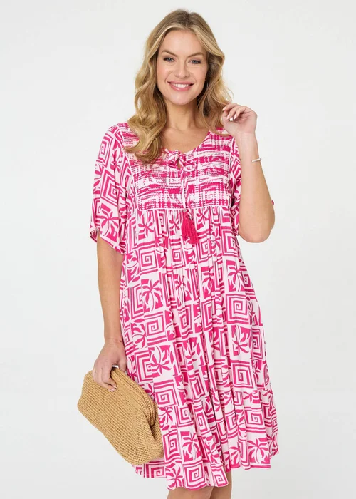 Izabel London Pink Printed Tassel Neck Knee Length Dress - 10 Image 3