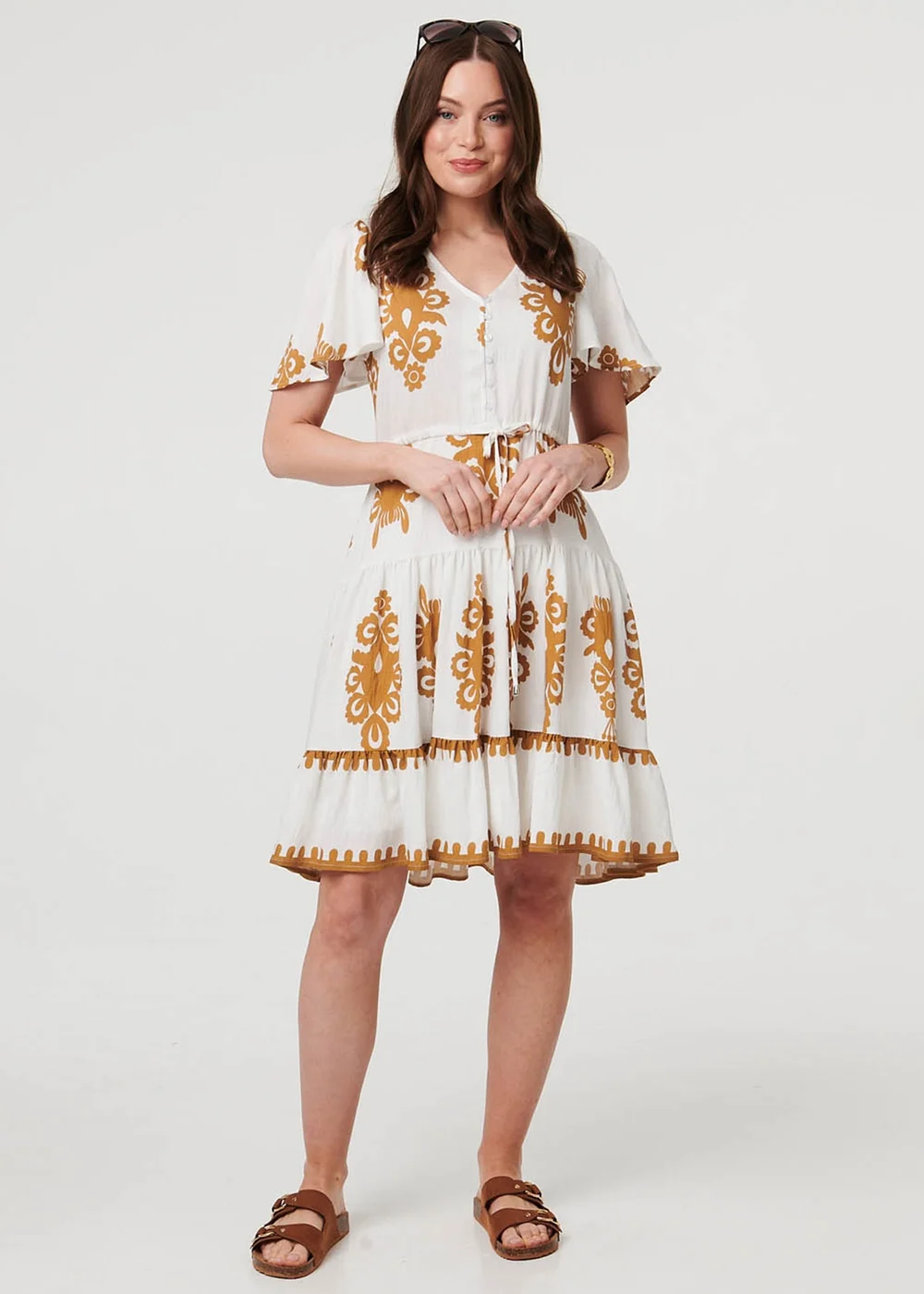 Izabel London Beige Printed Drawstring Knee Length Dress - 10 Image 1