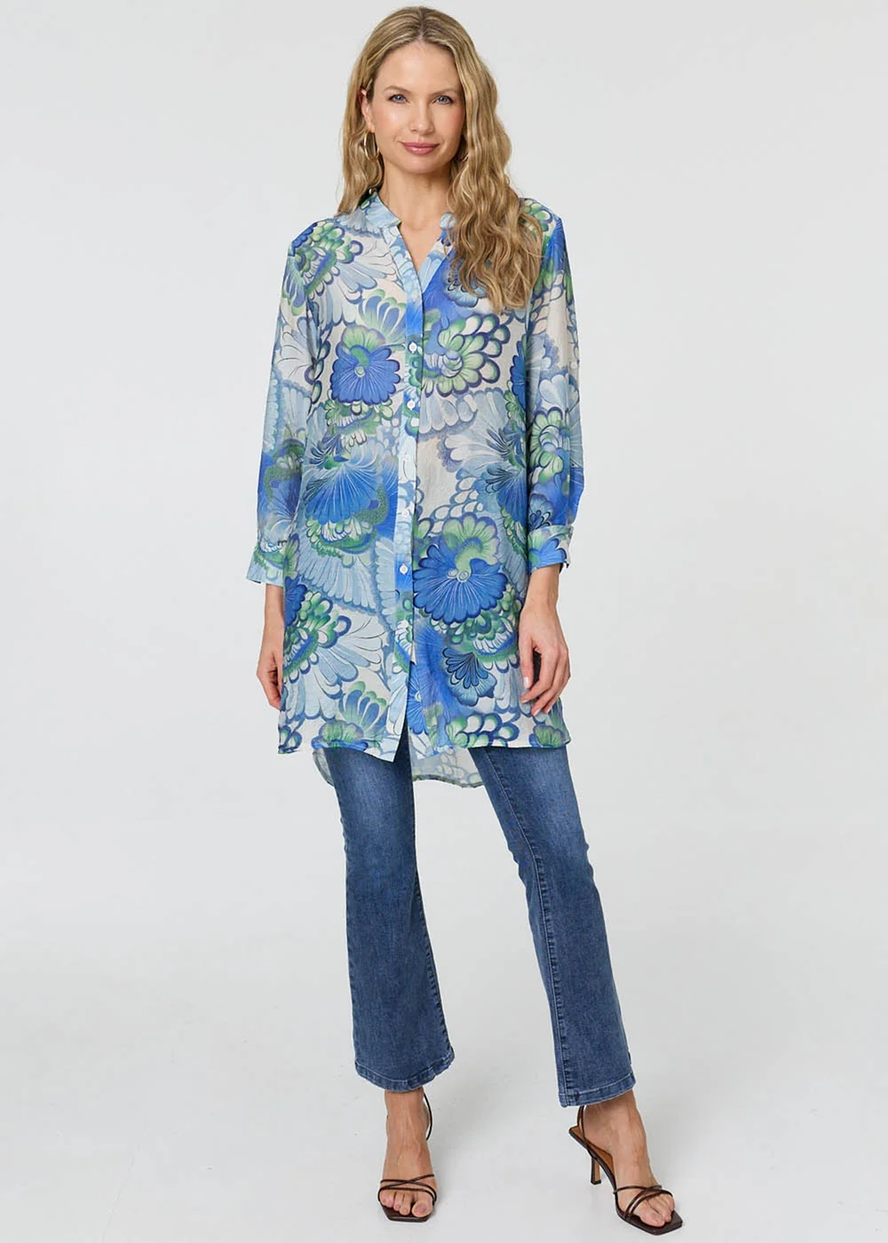 Izabel London Blue Floral Semi Sheer Longline Shirt - 12 Image 2