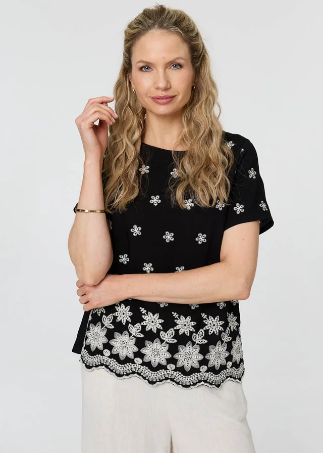 Izabel London Black Floral Embroidered Short Sleeve Top